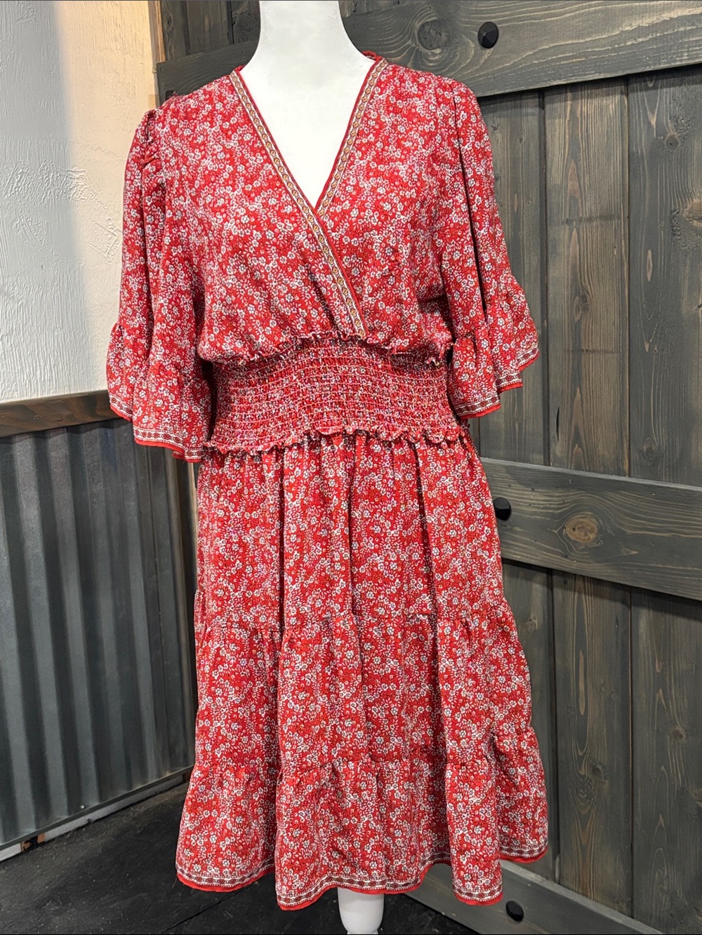 Max studio Red Floral Smocked Waist Midi Dress